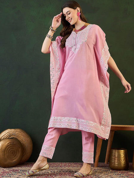 Pink Geometric Embroidered Mirror Work Roman Silk Kurta With Trouser
