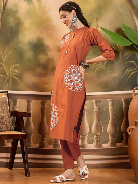 Floral Embroidered Pure Cotton Straight Kurta With Trouser