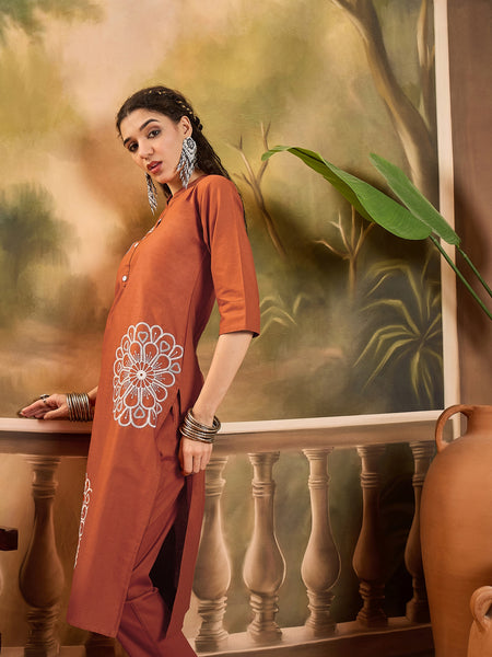 Floral Embroidered Pure Cotton Straight Kurta With Trouser