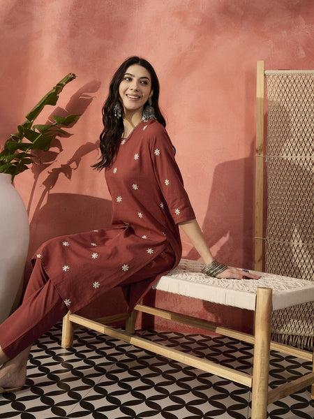 Floral Embroidered V-Neck Straight Pure Cotton Kurta With Trousers Plus Size Kurta Set