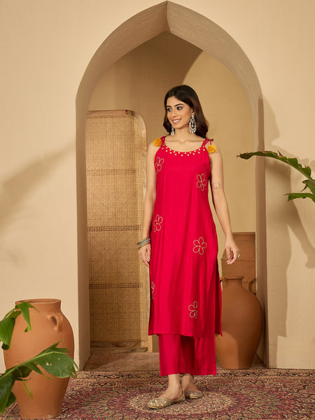 Rani Embroidered Shoulder Strap Kurta With Pant & Dupatta Kurta Set