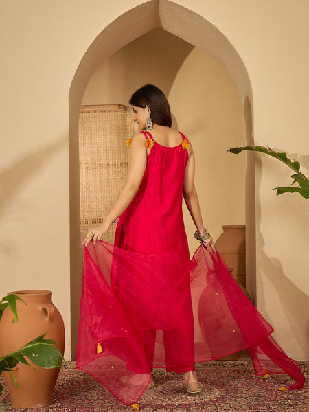 Rani Embroidered Shoulder Strap Kurta With Pant & Dupatta Kurta Set