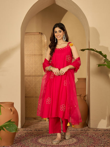 Rani Embroidered Shoulder Strap Kurta With Pant & Dupatta Kurta Set