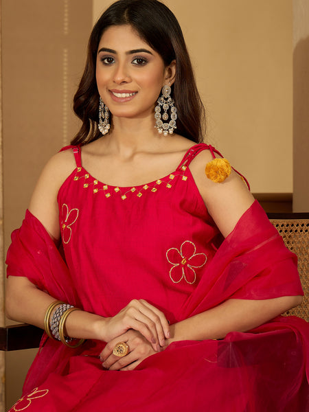 Rani Embroidered Shoulder Strap Kurta With Pant & Dupatta Kurta Set