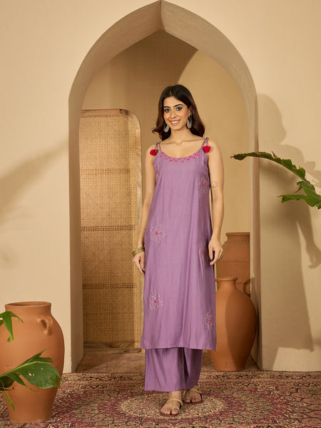 Purple Embroidered Shoulder Strap Kurta With Pant & Dupatta Kurta Set