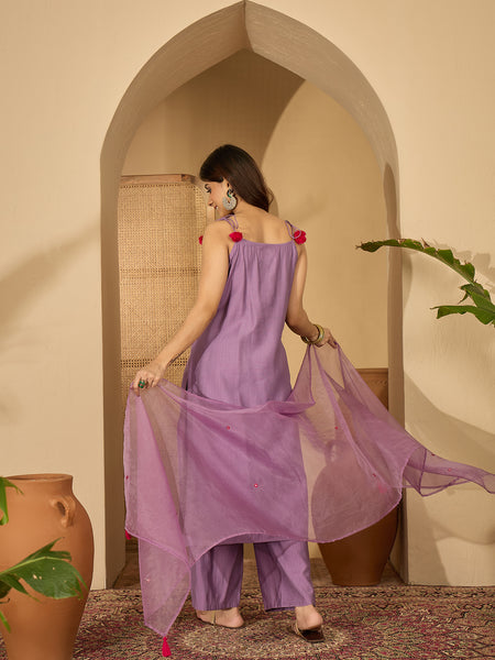 Purple Embroidered Shoulder Strap Kurta With Pant & Dupatta Kurta Set