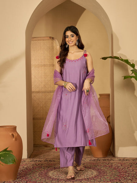 Purple Embroidered Shoulder Strap Kurta With Pant & Dupatta Kurta Set