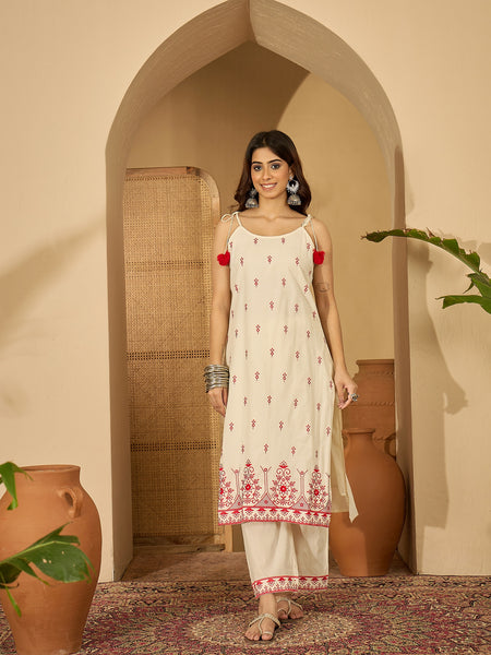 Pure Cotton Embroidered Shoulder Strap Kurta With Pant & Dupatta Kurta Set
