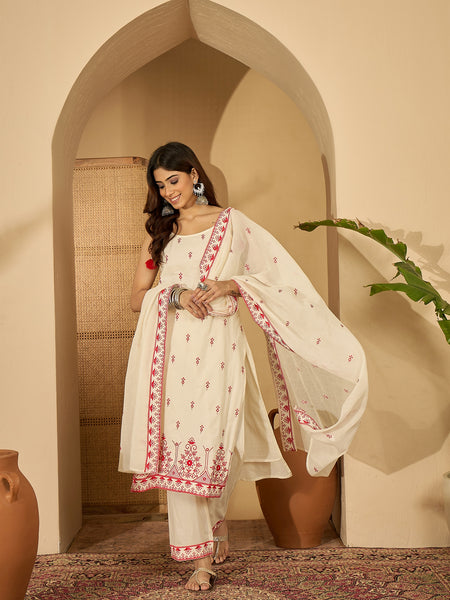 Pure Cotton Embroidered Shoulder Strap Kurta With Pant & Dupatta Kurta Set