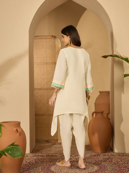 Off White Embroidered High Low Kurta With Dhoti Pant Kurta Set