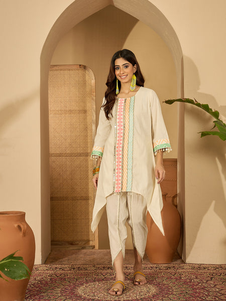 Off White Embroidered High Low Kurta With Dhoti Pant Kurta Set