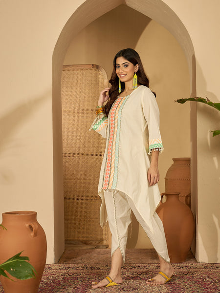 Off White Embroidered High Low Kurta With Dhoti Pant Kurta Set