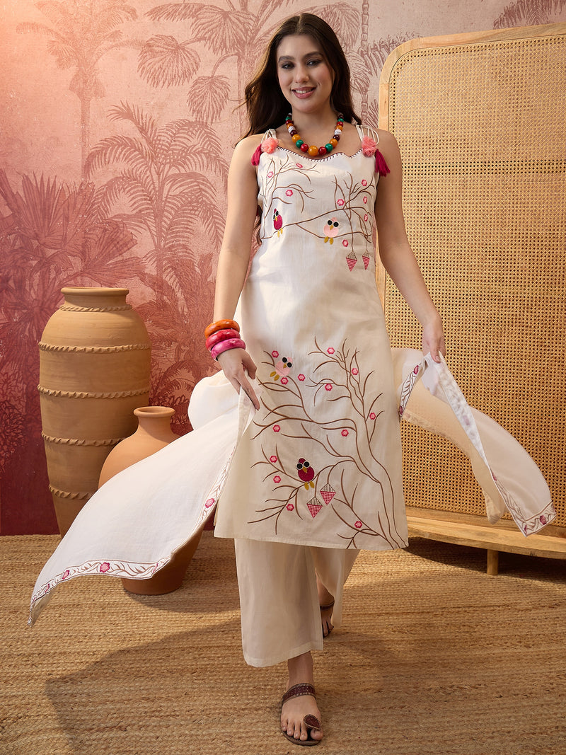 Pure Cotton Embroidered Shoulder Strap Kurta Set with Pant & Dupatta