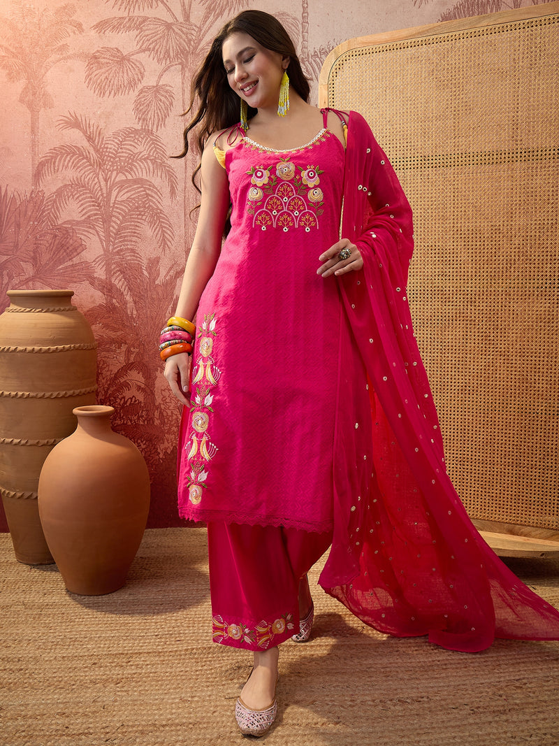 Rani Embroidered Shoulder Straps Straight Kurta With Trouser & Dupatta Kurta Set