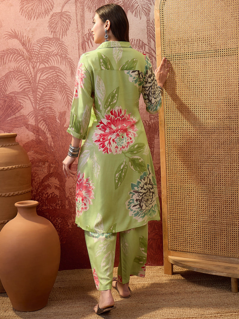 Floral Printed Shirt Collar Pathani Kurta & Trousers Kurta Set