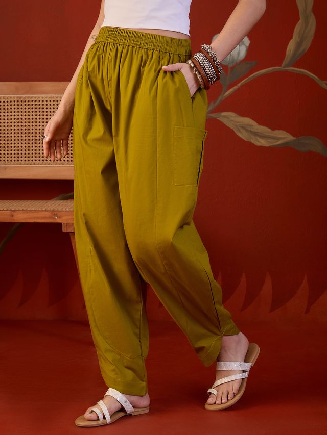 Women’s Solid Pleated Harem Cotton Trouser