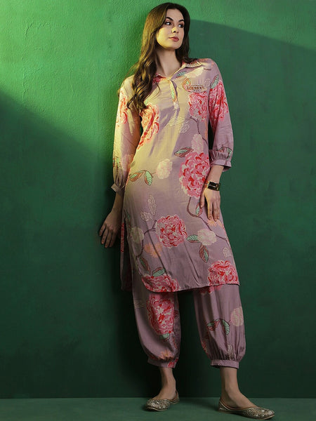 Floral Printed Shirt Collar Mirror Work Pathani Kurta & Trousers