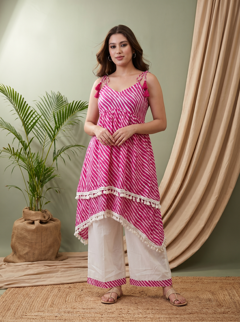 Pink Lahriya Print Shoulder Straps A-Line Kurta With Palazzo Kurta Set
