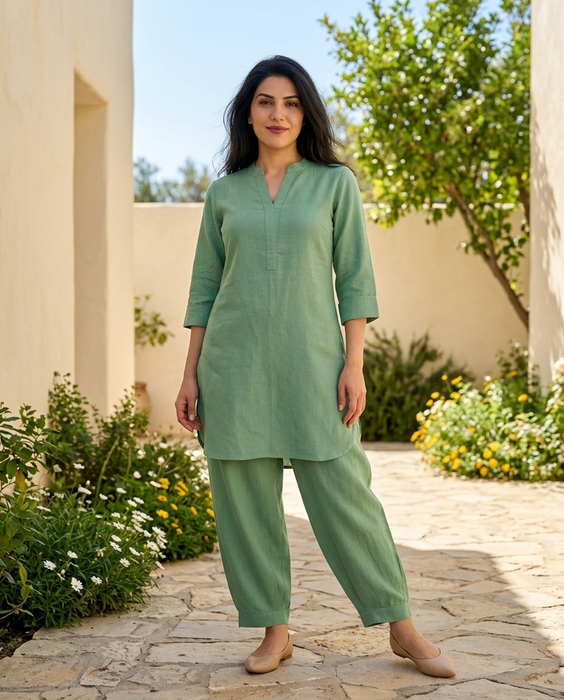 Mint Green Mandarin Collar Pure Cotton Tunic With Trousers Kurta Set