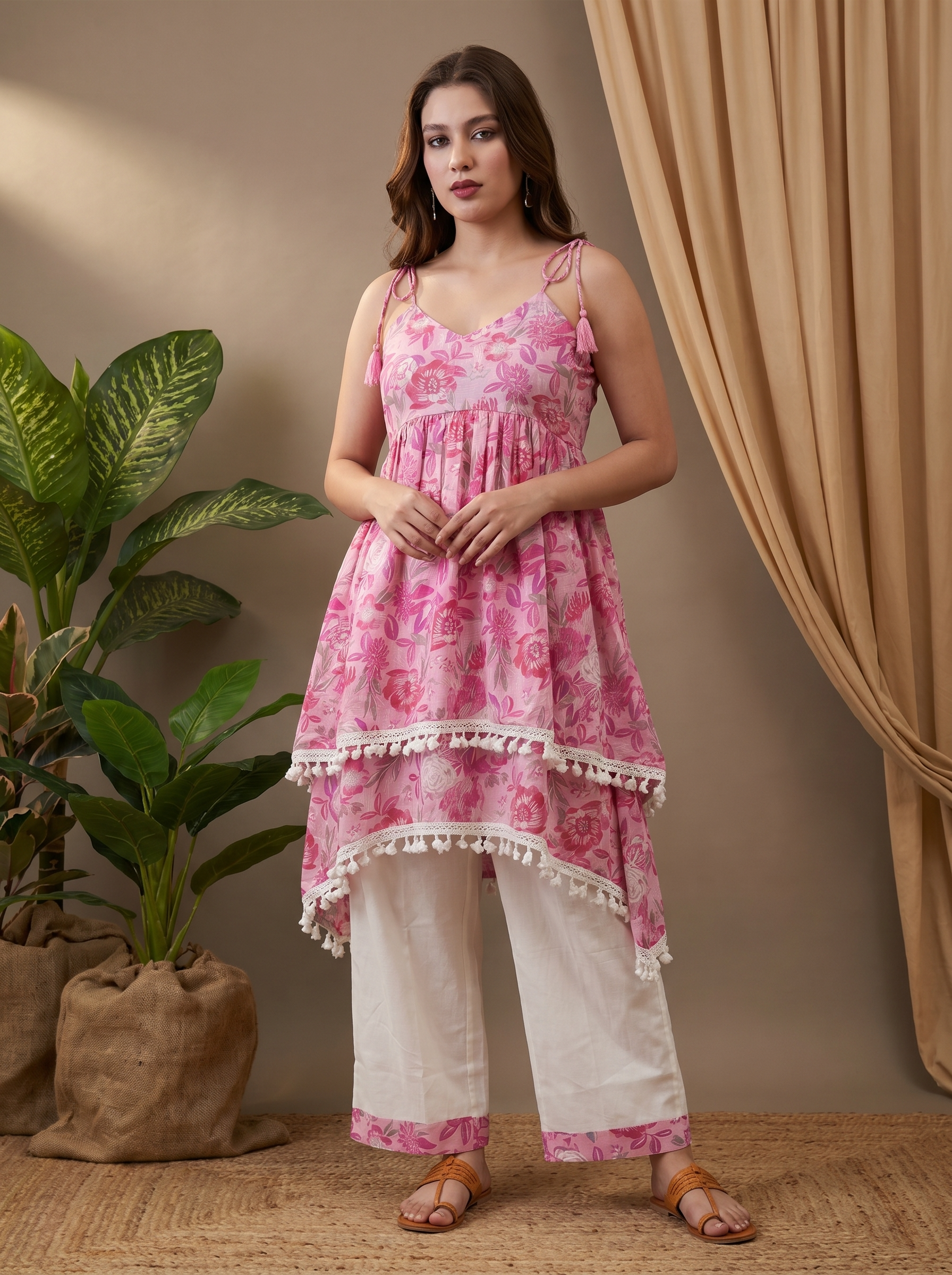Light Pink Floral Print Shoulder Straps A-Line Kurta With Palazzo