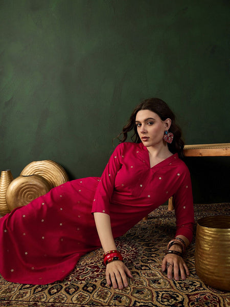 Pink Floral Printed V-Neck Straight Kurta With Trousers