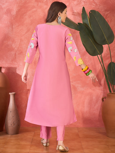 Pink Floral Embroidered Kurta With Pant Kurta Set