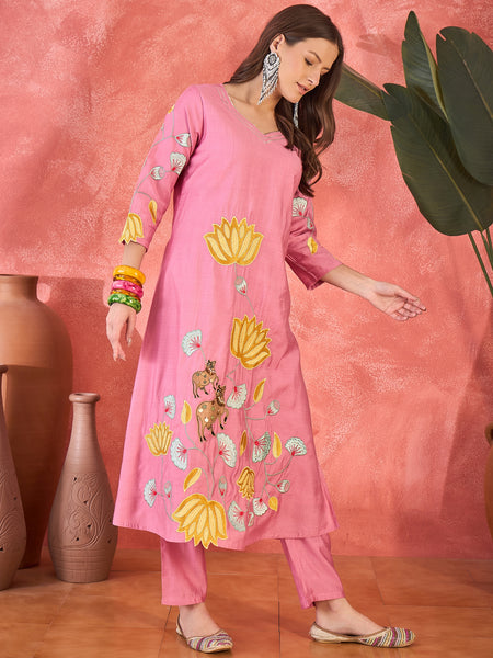 Pink Floral Embroidered Kurta With Pant Kurta Set