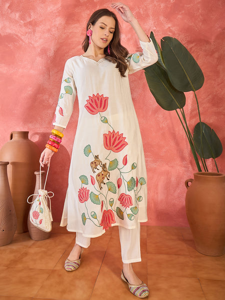Off White Floral Embroidered Kurta With Pant Kurta Set