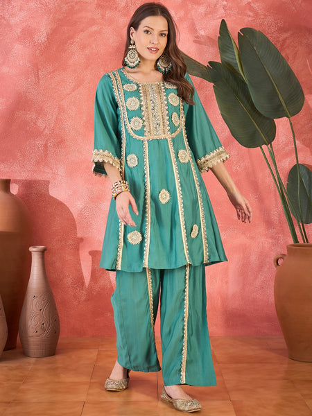 Teal Green Floral Embroidered & Sequinned A-Line Kurta With Palazzos & Bag Kurta Set