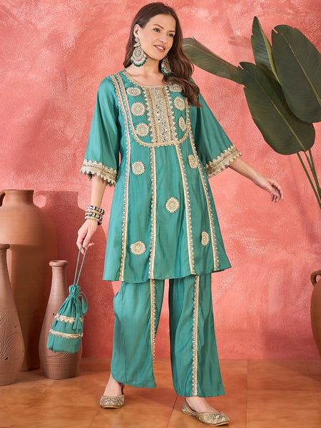 Teal Green Floral Embroidered & Sequinned A-Line Kurta With Palazzos & Bag Kurta Set