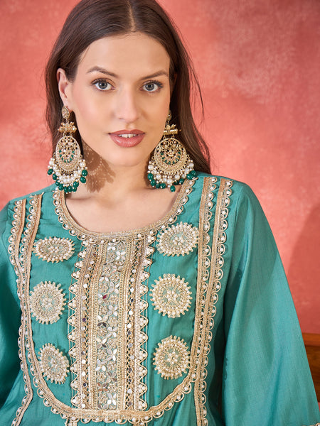 Teal Green Floral Embroidered & Sequinned A-Line Kurta With Palazzos & Bag Kurta Set