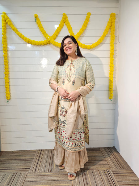 Grey Floral Print Straight Kurta With Sharara And Dupatta Kurta Set