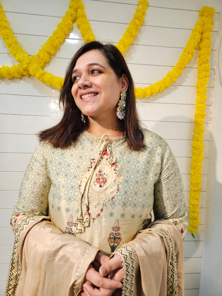 Grey Floral Print Straight Kurta With Sharara And Dupatta Kurta Set