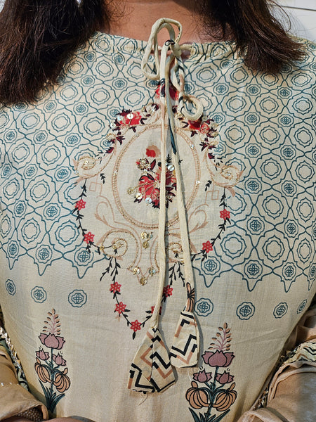 Grey Floral Print Straight Kurta With Sharara And Dupatta Kurta Set