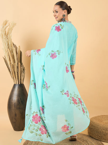 Floral Embroidered Straight Mirror Work Pure Cotton Kurta with Trousers & Dupatta