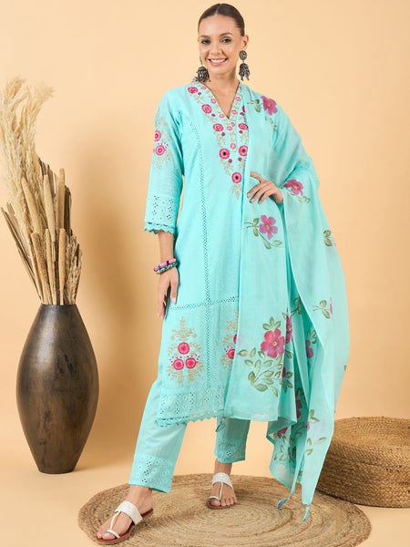 Floral Embroidered Straight Mirror Work Pure Cotton Kurta with Trousers & Dupatta