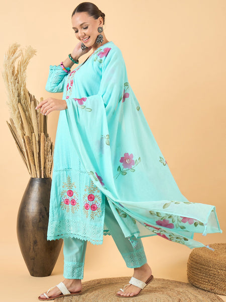 Floral Embroidered Straight Mirror Work Pure Cotton Kurta with Trousers & Dupatta