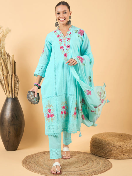 Floral Embroidered Straight Mirror Work Pure Cotton Kurta with Trousers & Dupatta