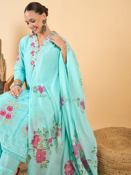 Floral Embroidered Straight Mirror Work Pure Cotton Kurta with Trousers & Dupatta