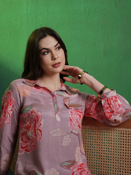 Floral Printed Shirt Collar Mirror Work Pathani Kurta & Trousers