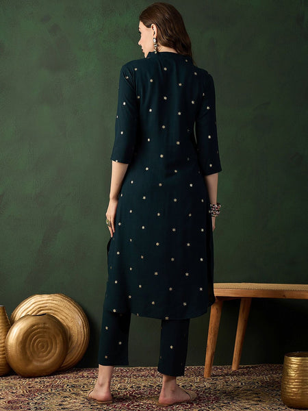 Teal Green Floral Printed V-Neck Straight Kurta With Trousers