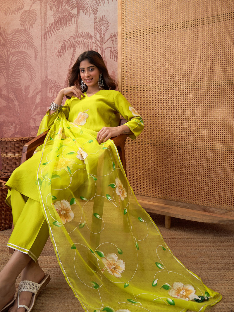 Parrot Green Hand Block Print Straight Kurta with Trouser & Dupatta Kurta Set