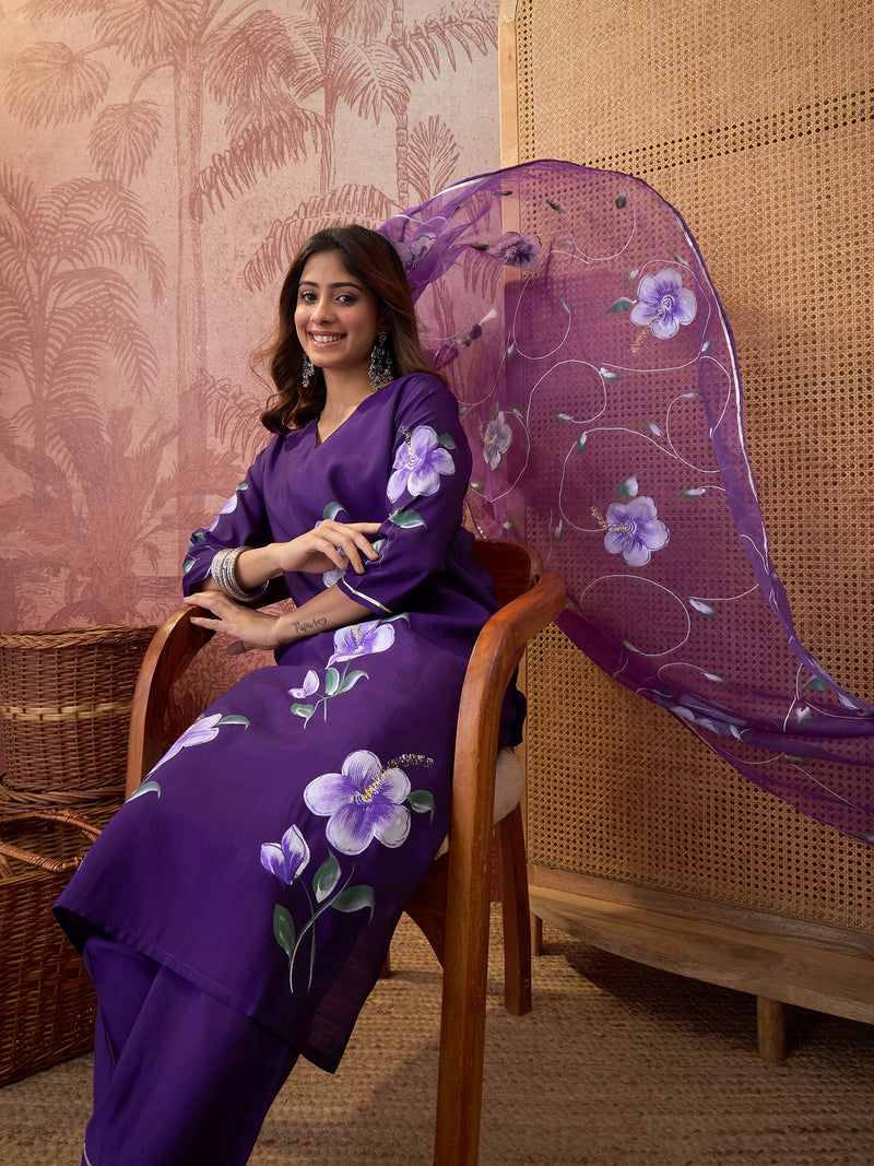 Purple Hand Block Print Straight Kurta with Trouser & Dupatta Kurta Set