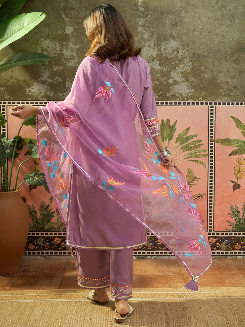 Lilac Floral Embroidered Straight Kurta With Trouser & Dupatta Kurta Set