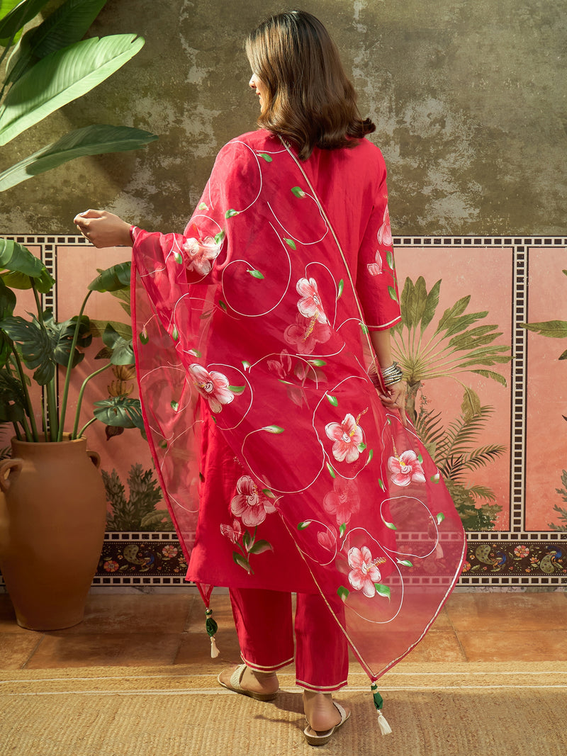 Hand Block Print Straight Kurta with Trouser & Dupatta Kurta Set