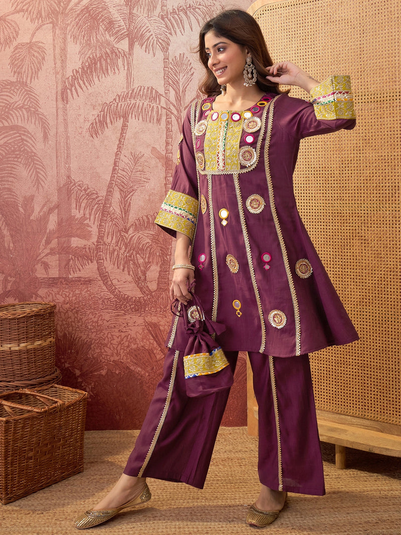 Wine Floral Embroidered & Sequinned A-Line Kurta With Palazzos & Bag Kurta Set