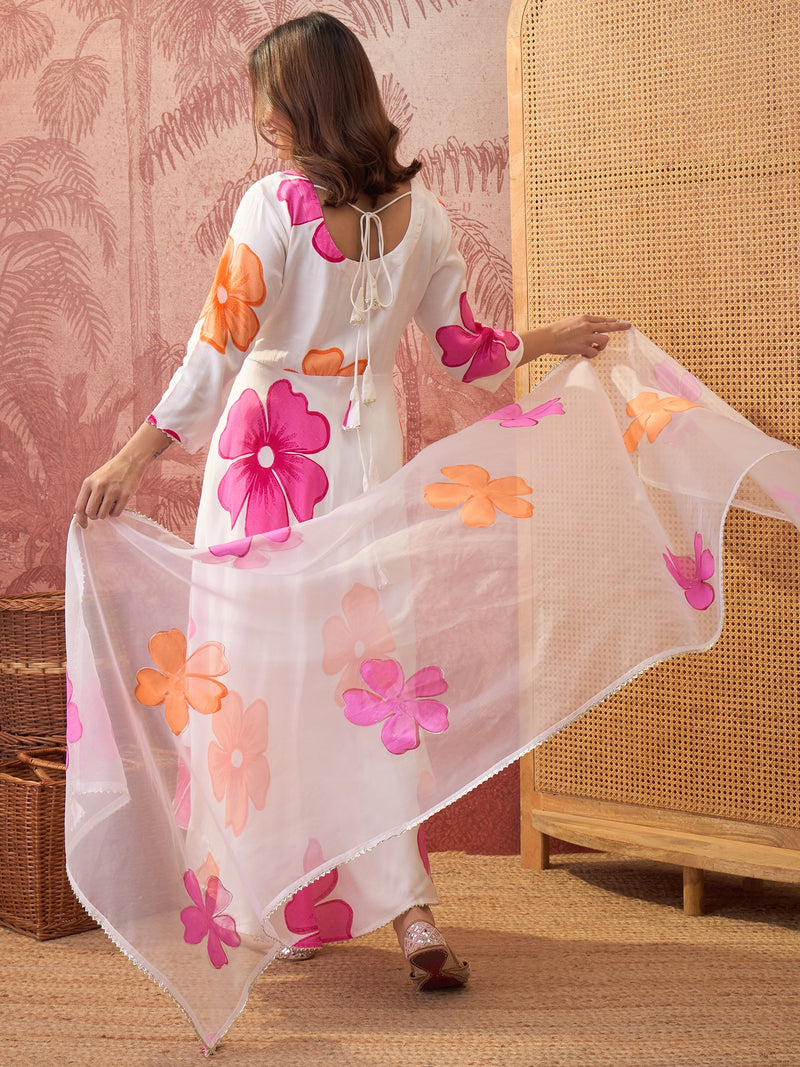 White Hand Block Print Anarkali Kurta with Trouser & Dupatta Kurta Set