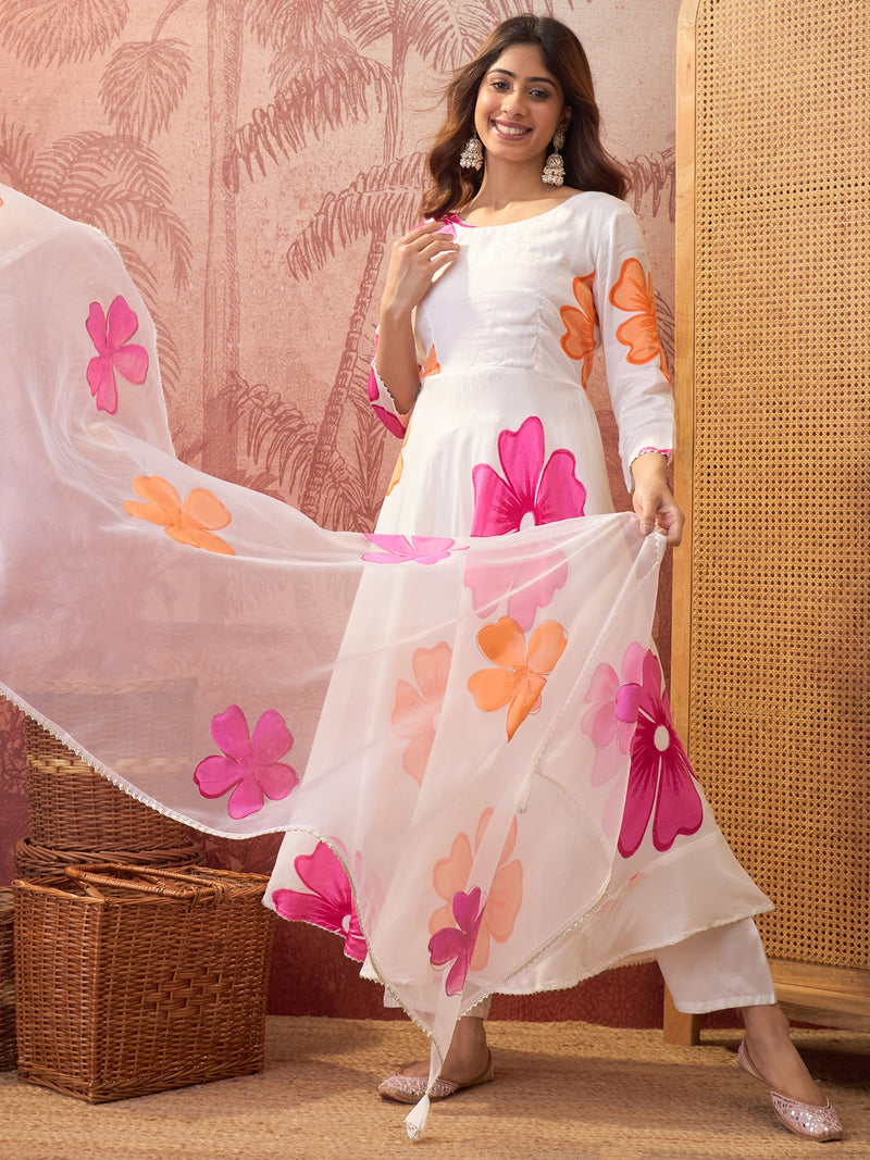 White Hand Block Print Anarkali Kurta with Trouser & Dupatta Kurta Set