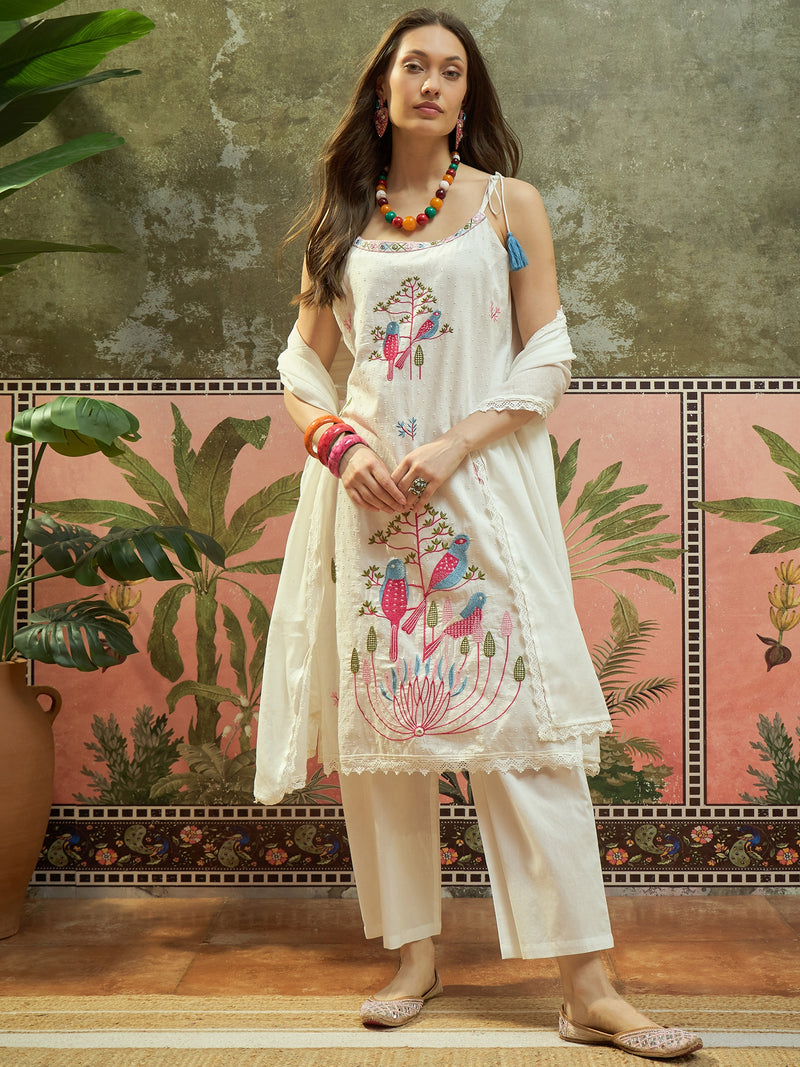Pure Cotton Embroidered Shoulder Strap Kurta Set with Pant & Dupatta