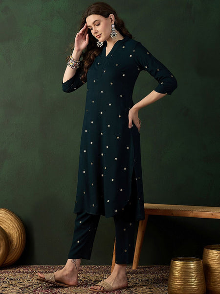 Teal Green Floral Printed V-Neck Straight Kurta With Trousers